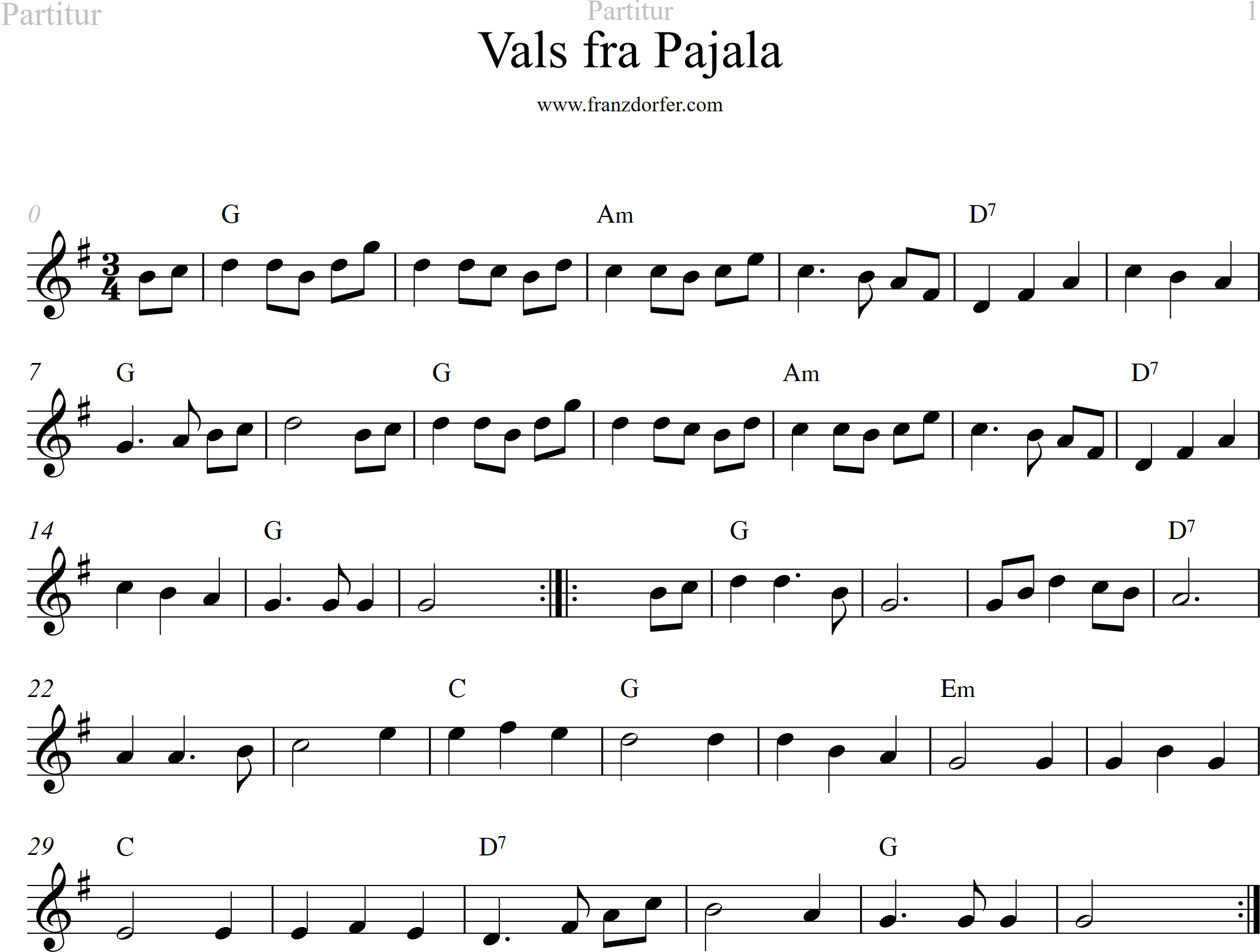 leadsheet, G-Major, vals Pajala